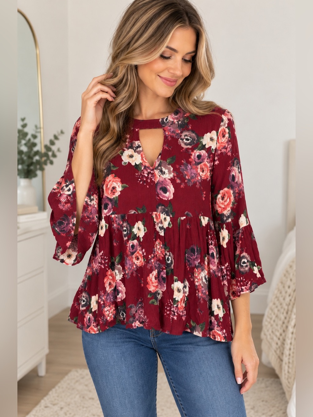 Altar’d State Floral Bell Sleeve Babydoll Top XS Burgundy Boho